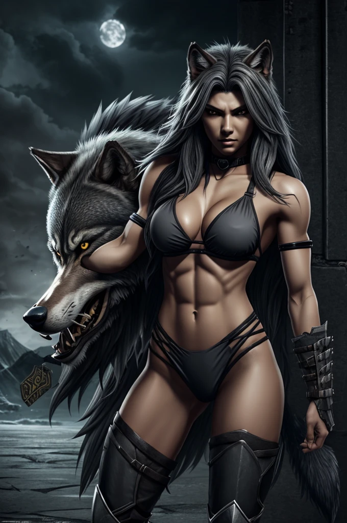 a drawing wolfgirl, female anthropomorphic wolf, a humanoid wolf, dark grey wolf, angry high moral sexy werewolf, tai costume, warrior style, muscular ultraviolent woman, female rouge assassin, dark grey wolf wear bikini, whole body avatar