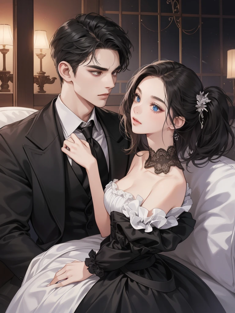Couple, 1 girl, 1 boy, romantic, modern dress, black outfit, elegant room background, handsome face, romantic, extreme details, digital art, 8K, Ultra HD,