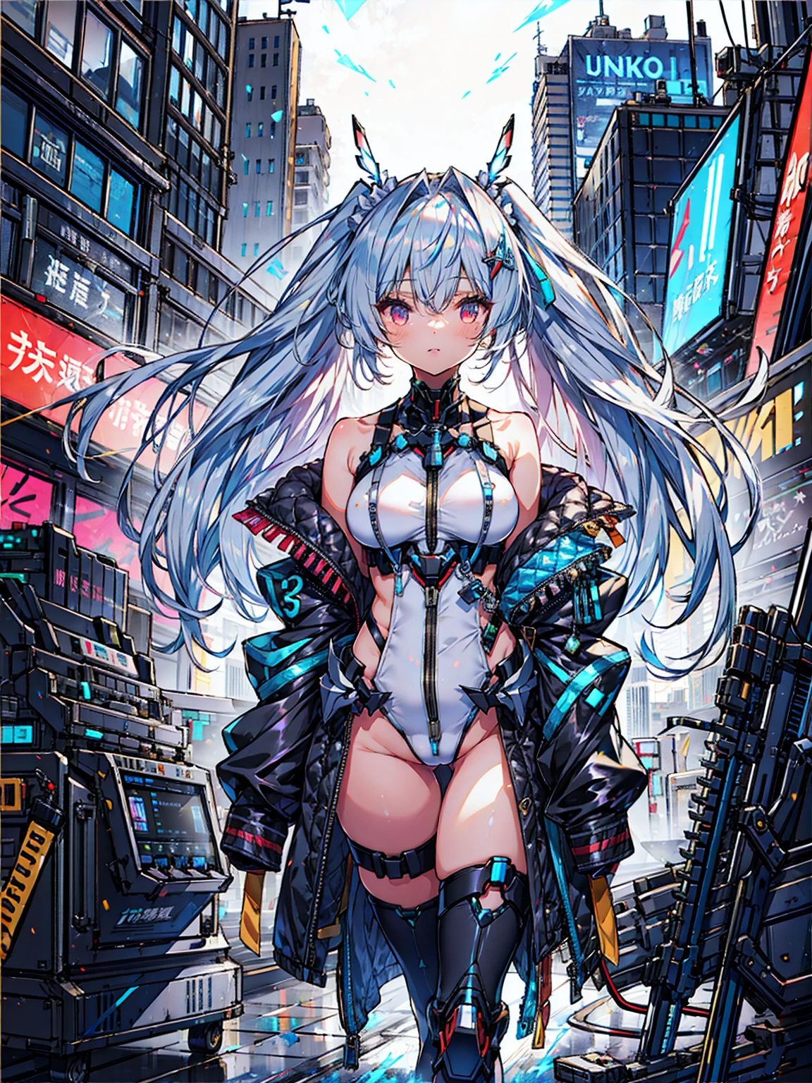 Masterpiece, verydetailedな, Highest quality, Sharp focus, 12k, ultra hi resolution picture, big ,12k,Perfect Anatomy, Highest quality, ((One Girl))、Silver Hair、Hair length、Floating Hair、、Cyber City、Neon Building、(Upper body:1.05)、very_detailed_eye_and_face,Cybernetic Wings、Random posture、Skyscraper、、Mechumusume、Miko costume,Maid clothes、Random Angle、Anime Style,Cowboy Shot,full body