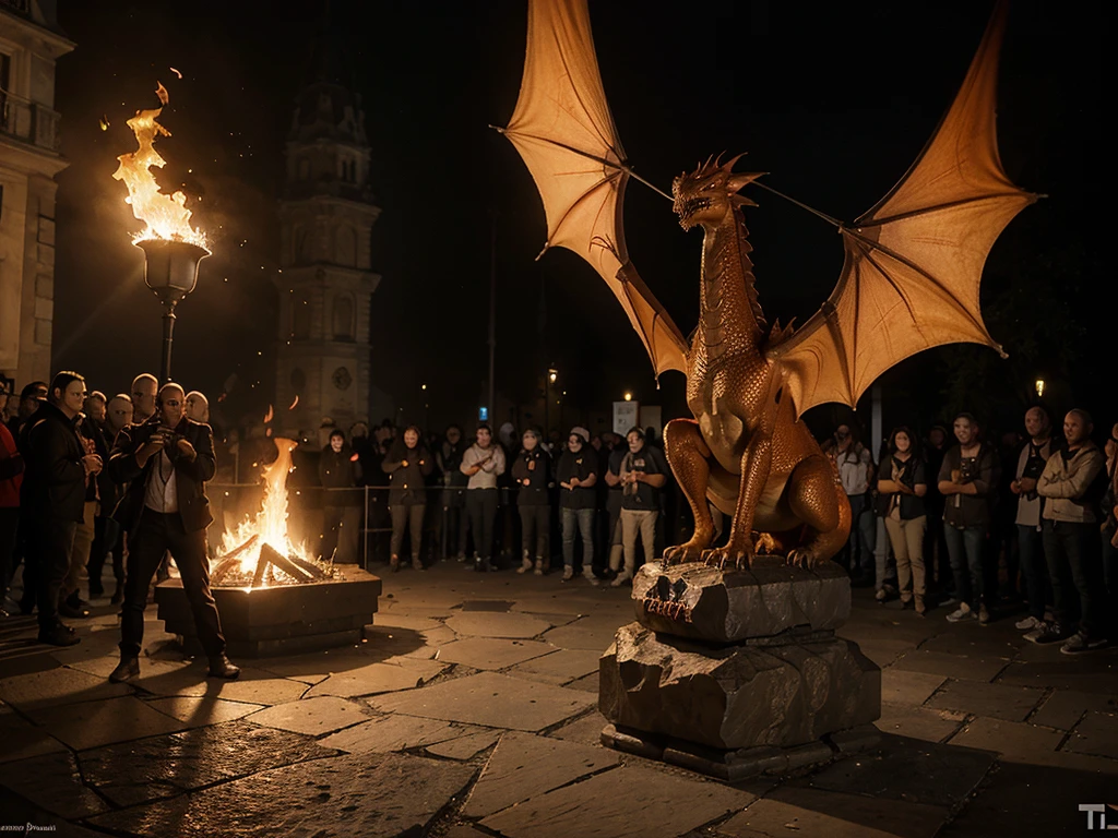 Il fait jour dragon crache du feu sur la foule. Réactions de panique 