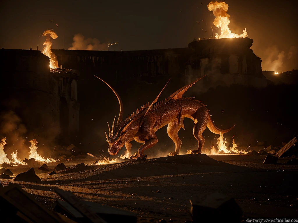 Il fait jour dragon crache du feu sur la foule. Réactions de panique