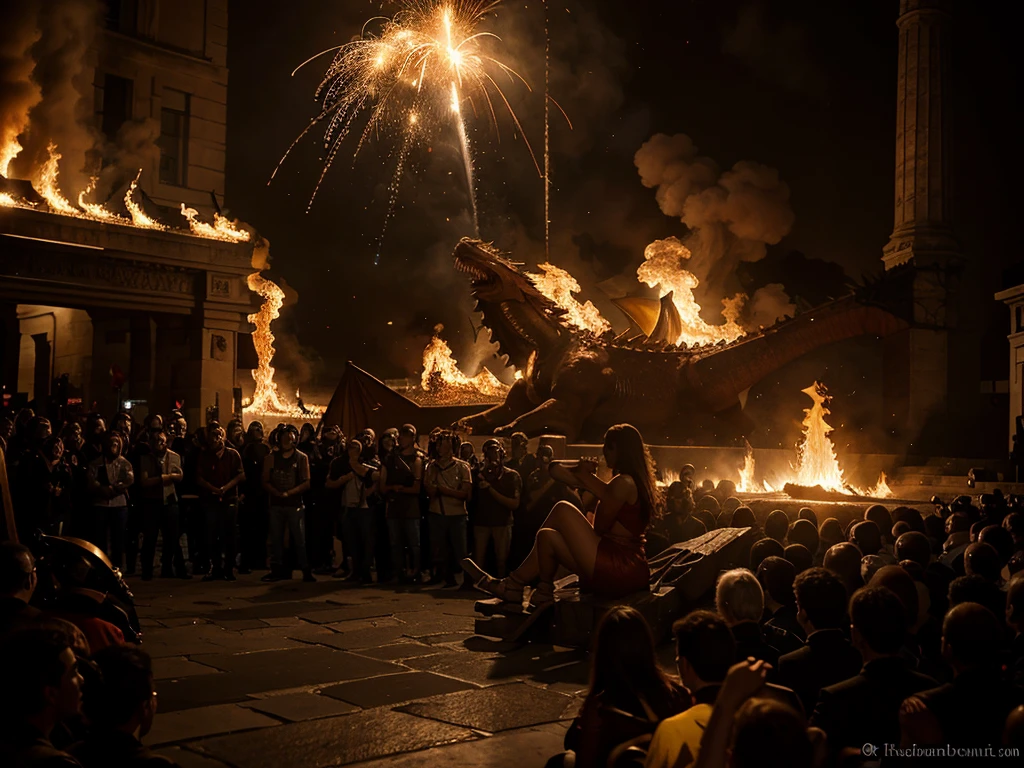 Il fait jour dragon crache du feu sur la foule. Réactions de panique
