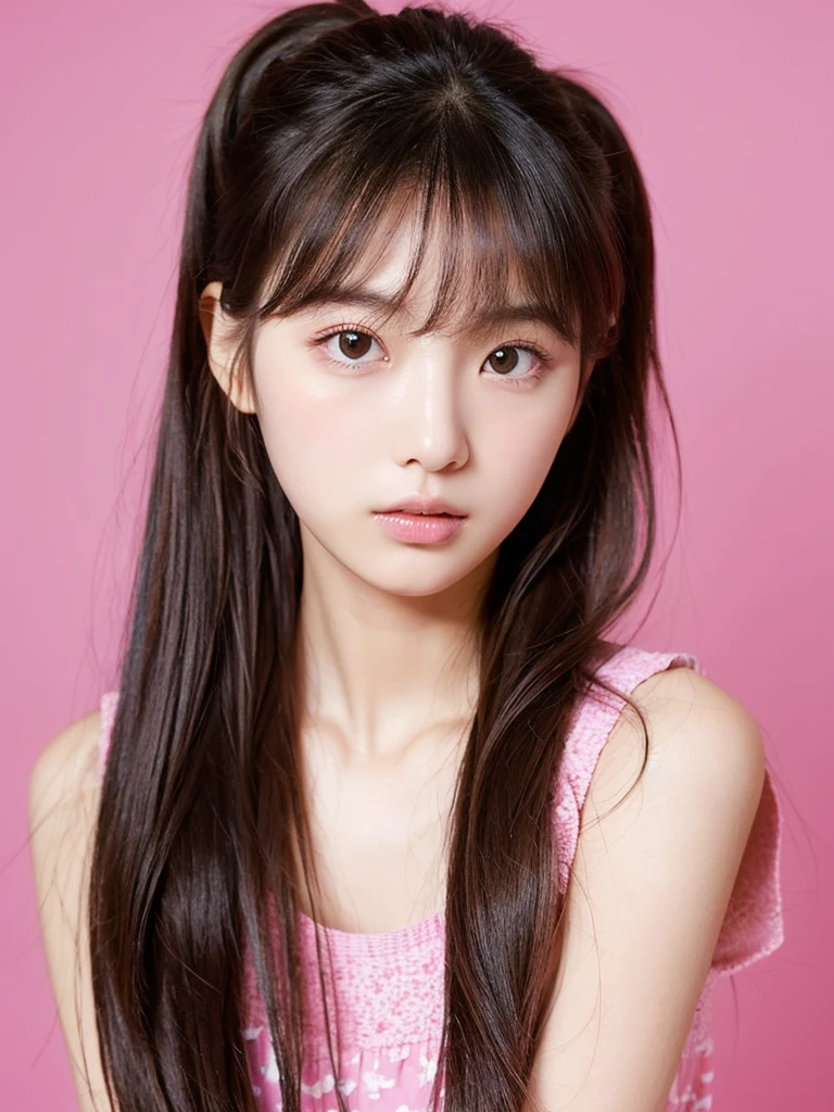 masterpiece), (highest quality), (Super detailed), (messy hair), (shape), (one Korean girl), (fashionable clothes), Are standing, Fashion Model, (interview), (simple pink background), fine and beautiful eyes, delicate beautiful face, floating, (high color saturation),  focus on face, ponytail, black hair, bangs,floating Hairs, (shining), best writing, best shadow,stylish living room