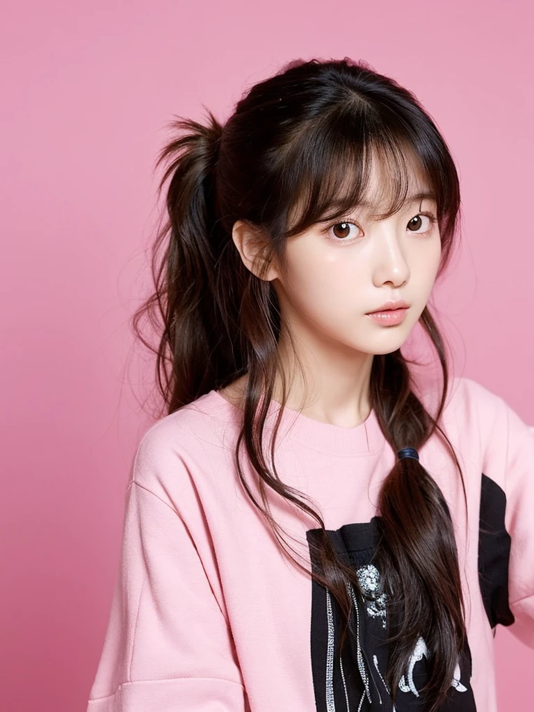 masterpiece), (highest quality), (Super detailed), (messy hair), (shape), (one Korean girl), (fashionable clothes), Are standing, Fashion Model, (interview), (simple pink background), fine and beautiful eyes, delicate beautiful face, floating, (high color saturation),  focus on face, ponytail, black hair, bangs,floating Hairs, (shining), best writing, best shadow,stylish living room