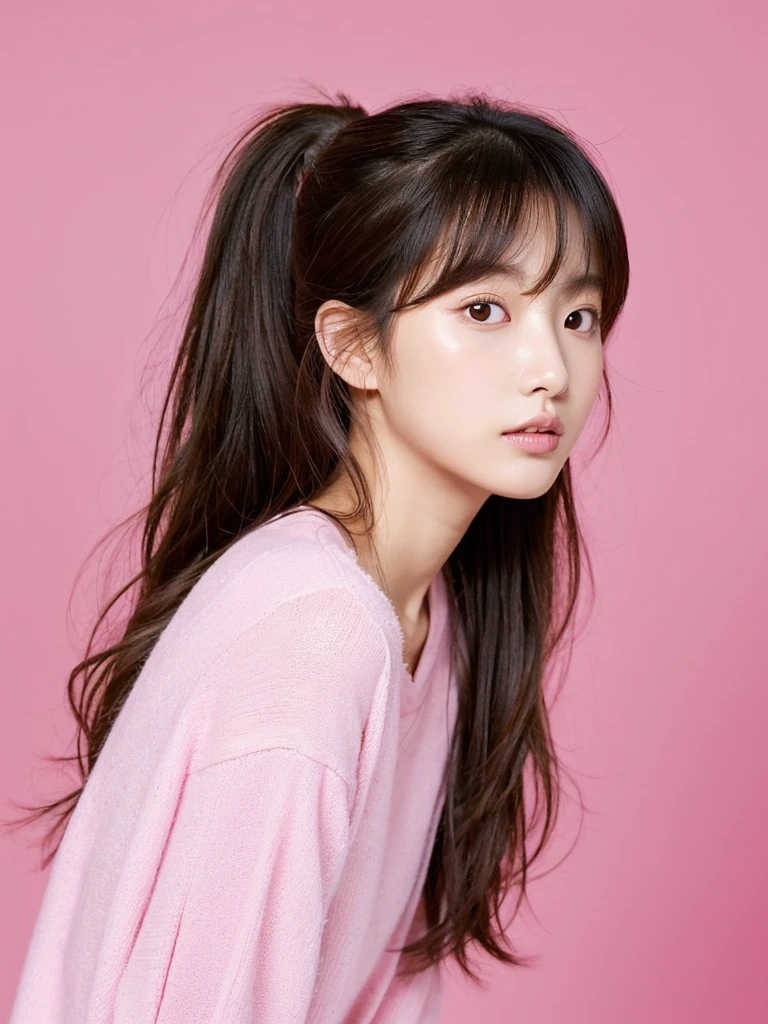 masterpiece), (highest quality), (Super detailed), (messy hair), (shape), (one Korean girl), (fashionable clothes), Are standing, Fashion Model, (interview), (simple pink background), fine and beautiful eyes, delicate beautiful face, floating, (high color saturation), focus on face, ponytail, black hair, bangs,floating Hairs, (shining), best writing, best shadow,stylish living room