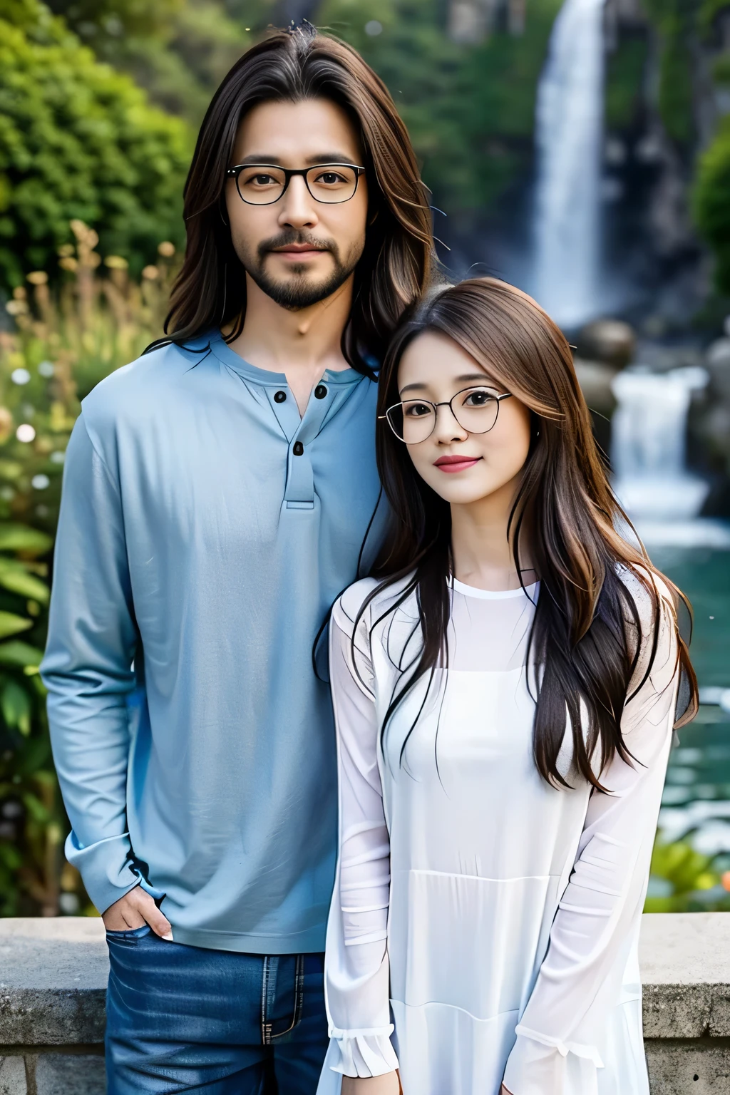 masterpiece, cute, romantic, best quality, 2others, couple, mature, adult, height difference, different fashion, different color, casual clothes, long sleeves, smile, happy, love, swirling wind, blue sky, long haired man, light brown haired man, black haired woman, long haired woman, bespectacled woman, castle, waterfall  