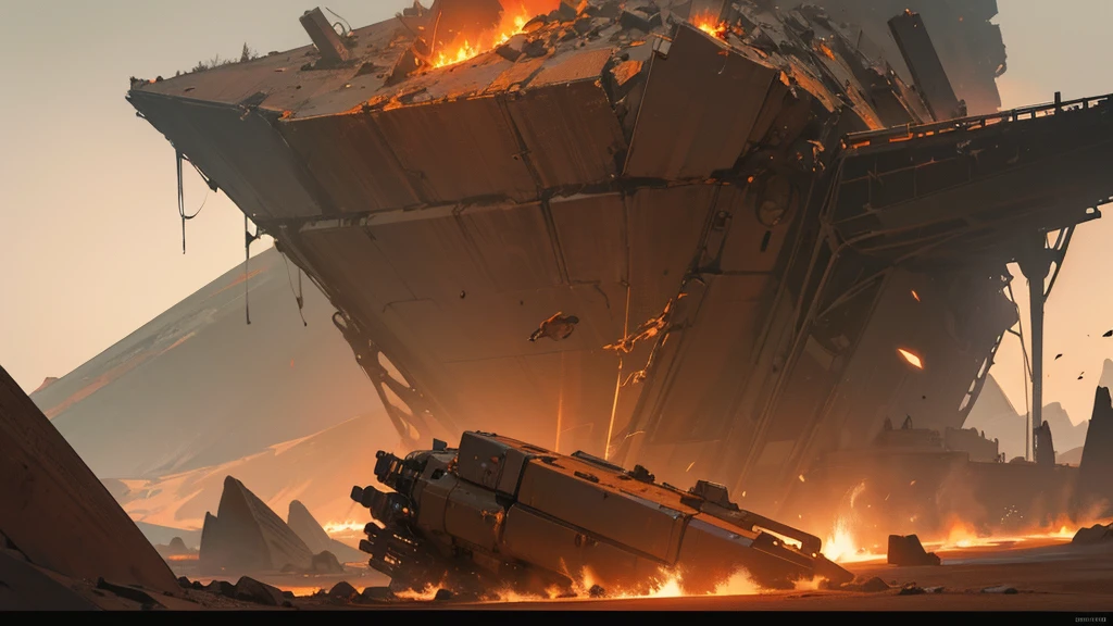 A dramatic crash-landed spaceship on the surface of Mars, with flames and smoke billowing from the wreckage, a dystopian sci-fi landscape, dramatic lighting, cinematic camera angle, highly detailed, award winning digital art, 8k, photorealistic, concept art, muted color palette, gritty, moody, dramatic