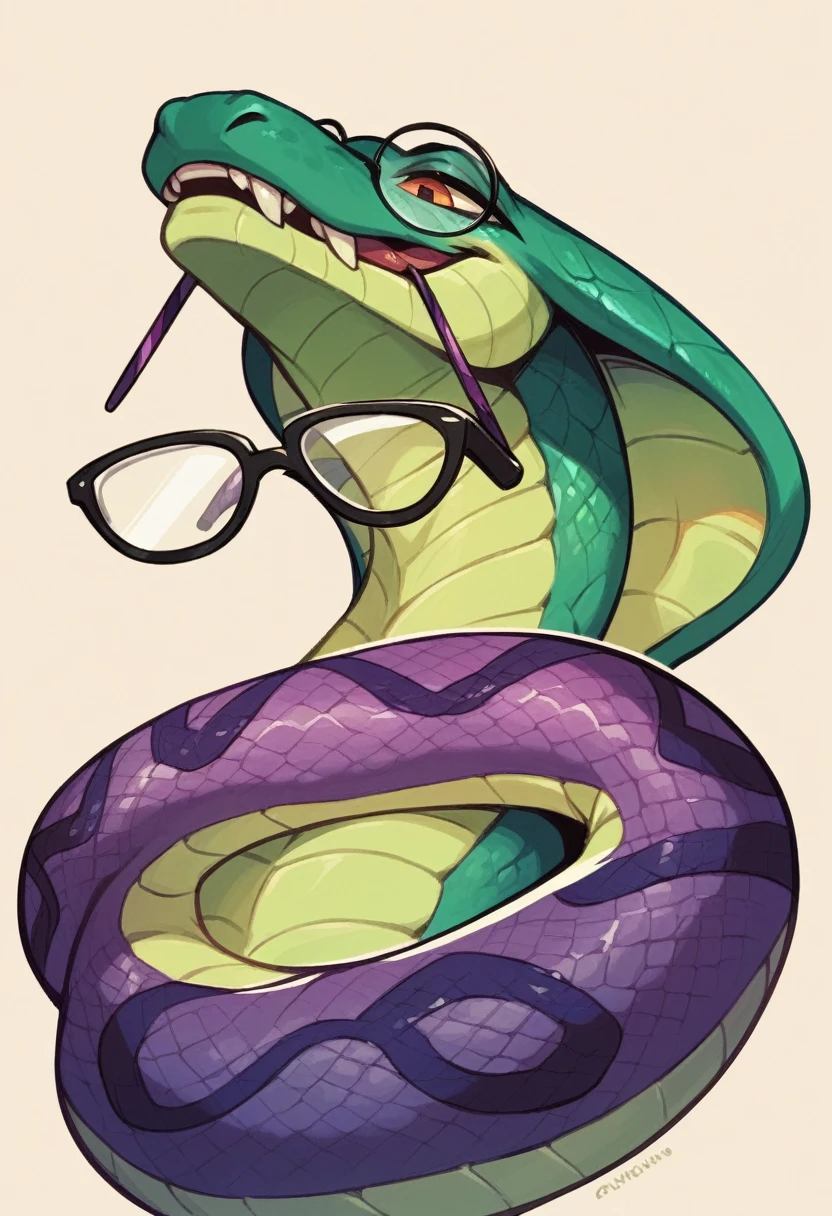 Purple snake with green scales wearing glasses animated