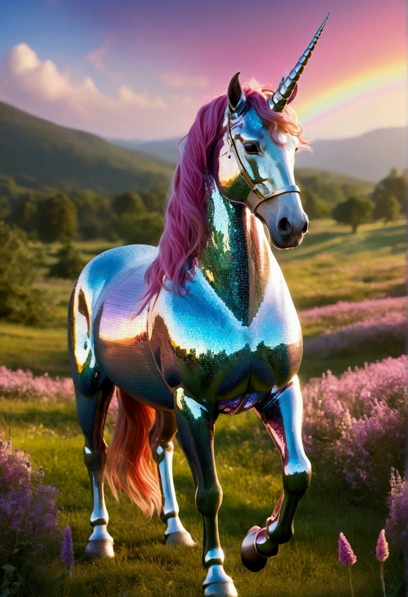 An ethereal unicorn clad in shimmering armor that reflects the colors of the rainbow, standing in a mystical meadow.