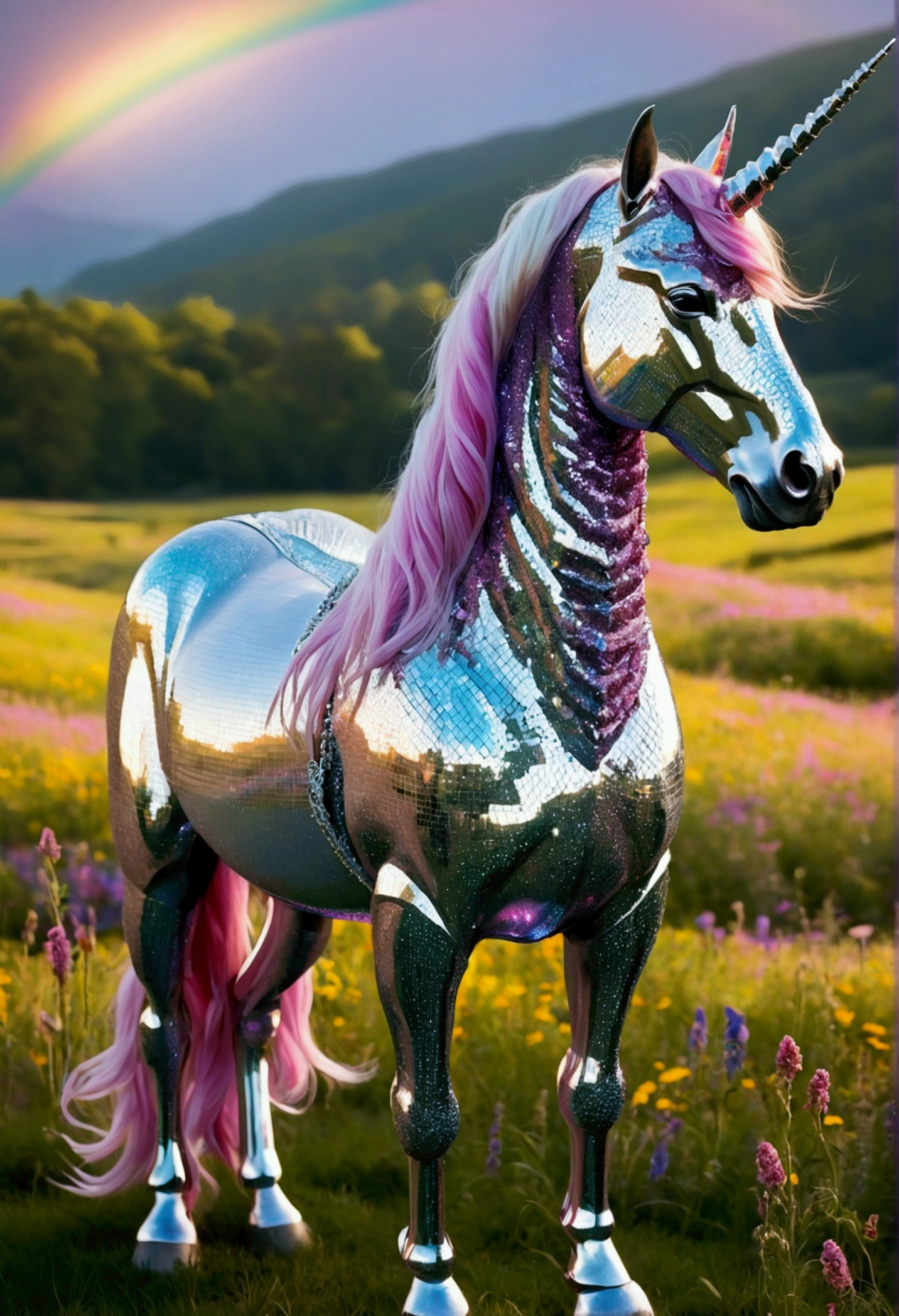 An ethereal unicorn clad in shimmering armor that reflects the colors of the rainbow, standing in a mystical meadow.