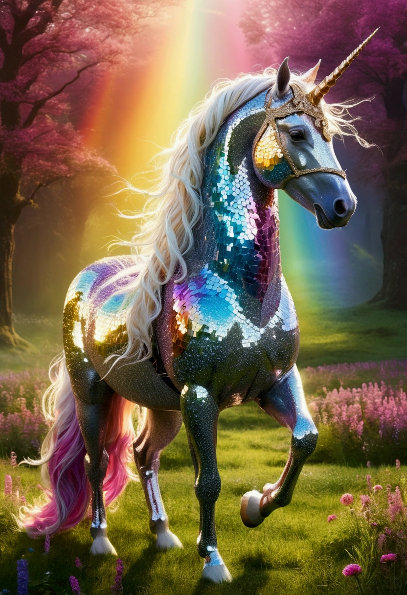 An ethereal unicorn clad in shimmering armor that reflects the colors of the rainbow, standing in a mystical meadow.