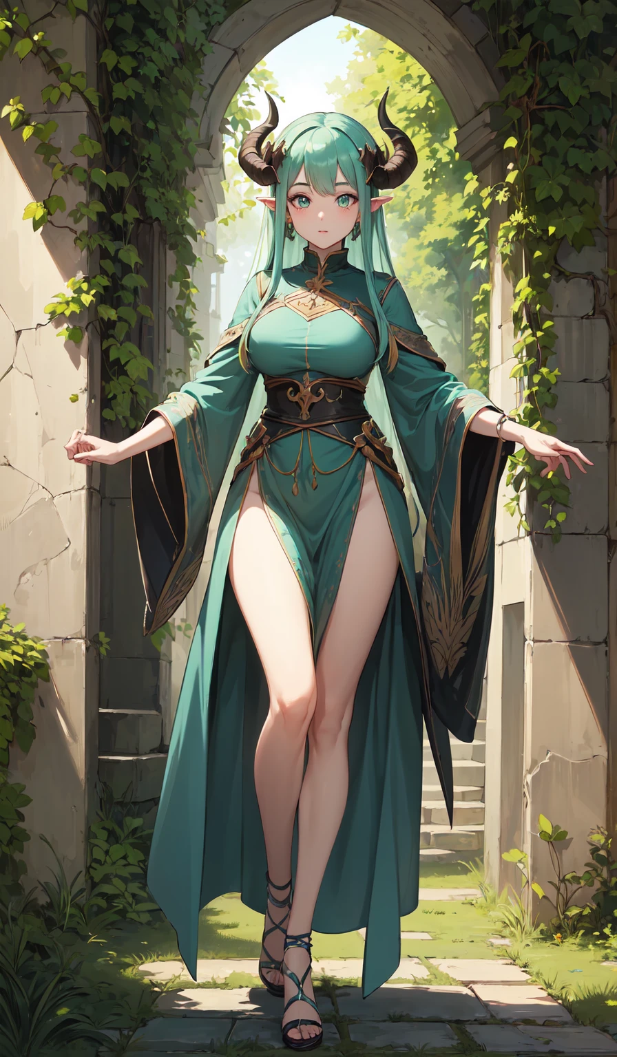 (Best Quality,Unparalleled Masterpiece:1.4),Ultra-Detailed CG 4K,(Ultra-Detailed Clear Absurdly-Vivid Mint Big Eyes:1.2),yellow medieval summer girl, concept, vines on the hand and horns from vines, full length, full body, magic hunter