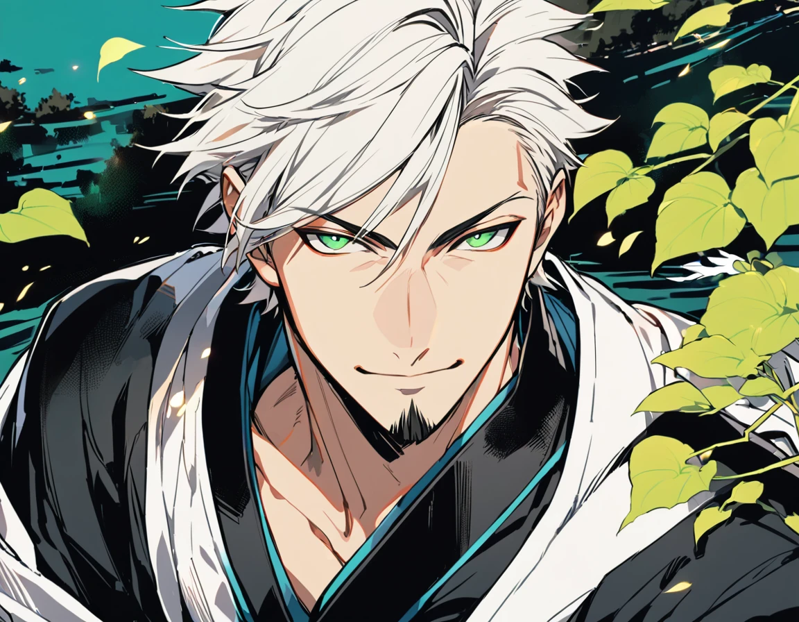 ung boy, male focus, details Intricate, 1 men, bonitas, White hair, vibrant green eyes, slim muscles, アニメ, 19yearsold, 19 years, a small goatee, kimono de Shinigami, Shinigami, bleach style, bleach, regatta, kimono, bleach, bleach style (black clothes)