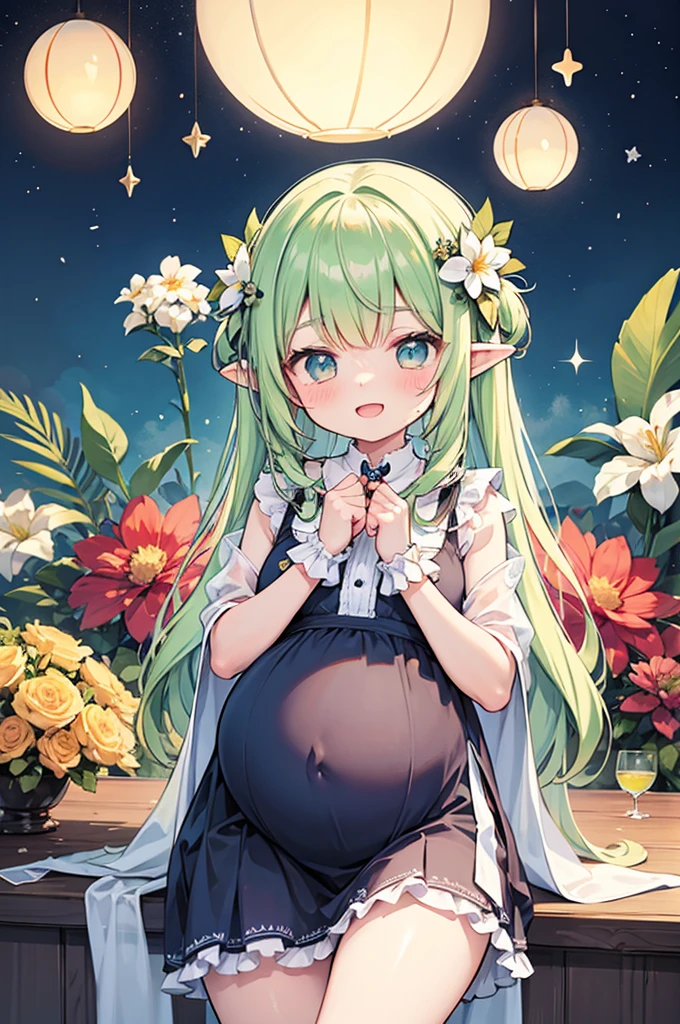 hyper cute girls anime style,pregnant elf,happy face,
Congratulatory outfits for festive occasions, big and fancy decorated maternity clothes,amount of flowers,