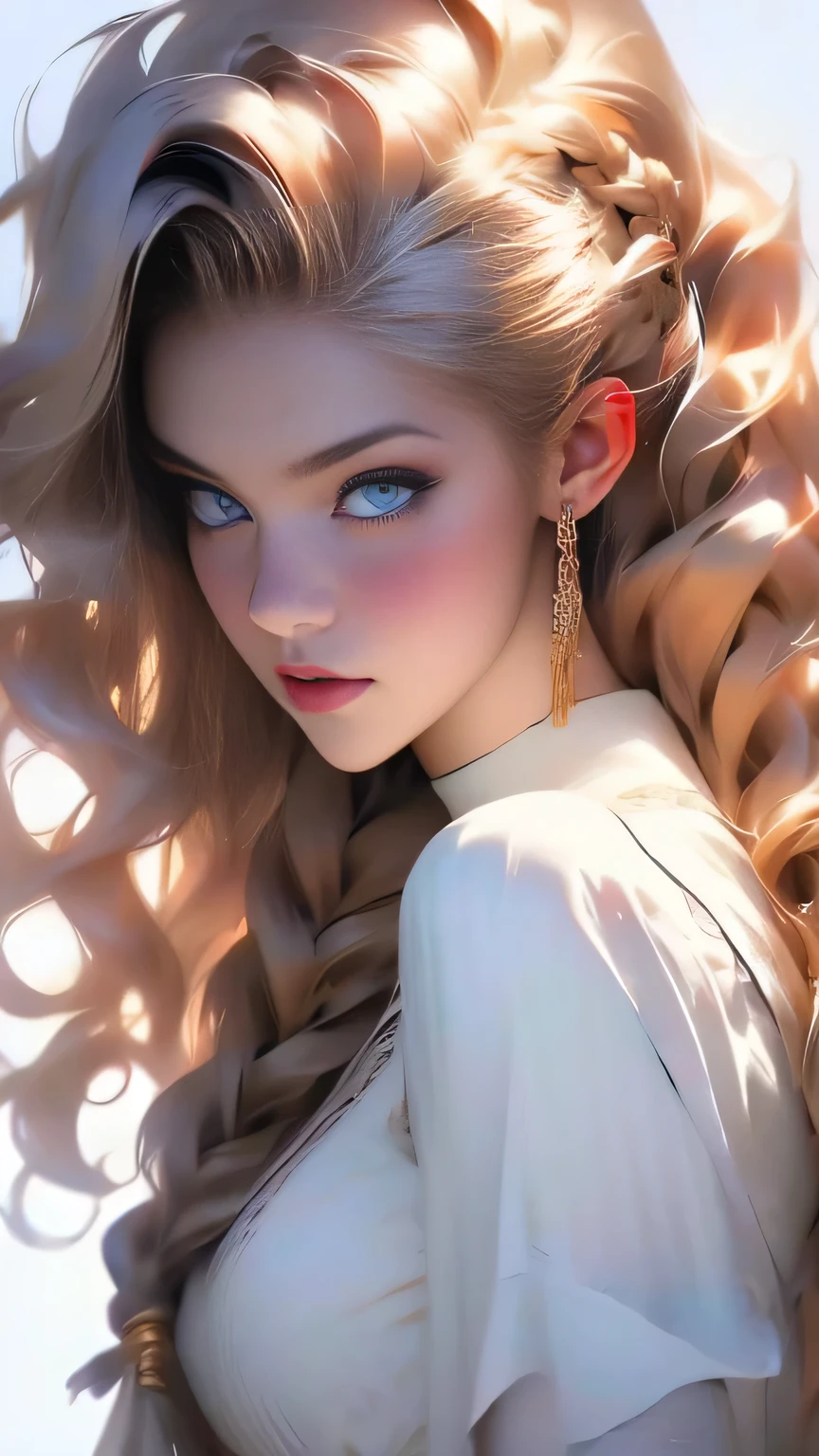 (Surreal), (picture), (High resolution), (In 8K), (Very detailed), (Best Illustration Photos), (Beautiful and fine details), (Highest quality), (Ultra-detailed), (masterpiece), (wallpaper), (Detailed face), solo, One Girl, White Wavy Hair, Korean Beauty, iridescent heterochromatic eyes, Loose light white shirt, White maid outfit, Long legs, Toned Abs, stockings、((Curly hair in braids、good１))、