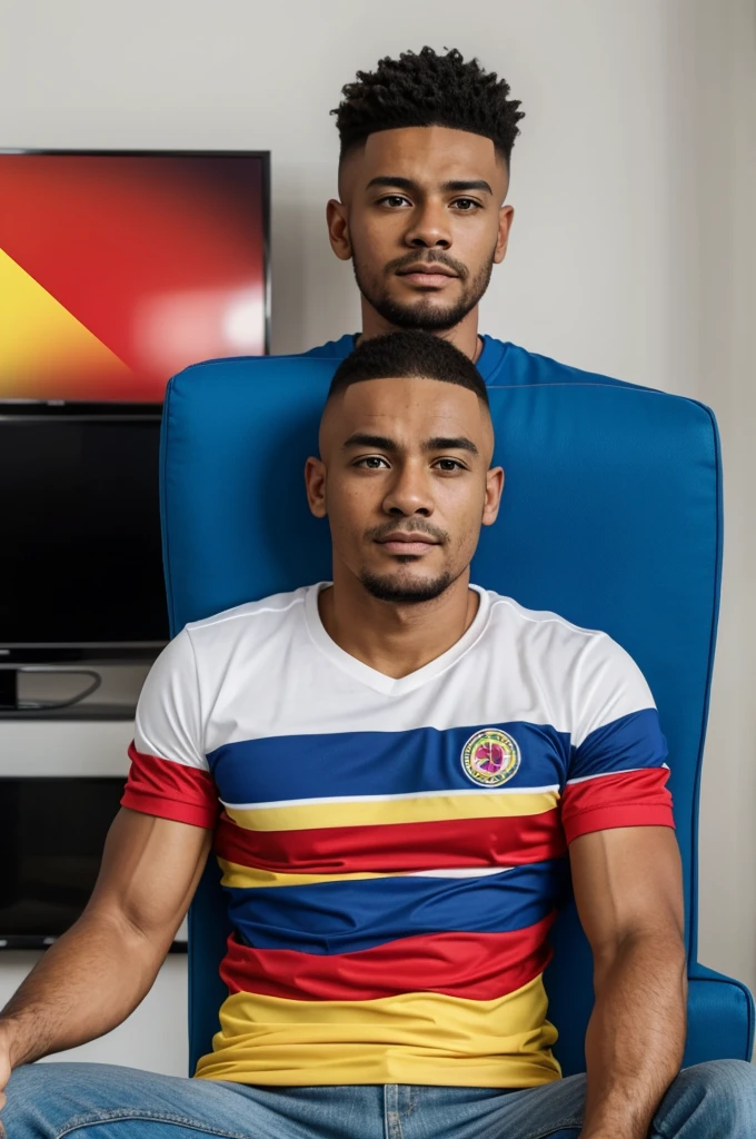Man sitting in front of the TV wearing a Colombia t-shirt with the name LOGGAN on the t-shirt