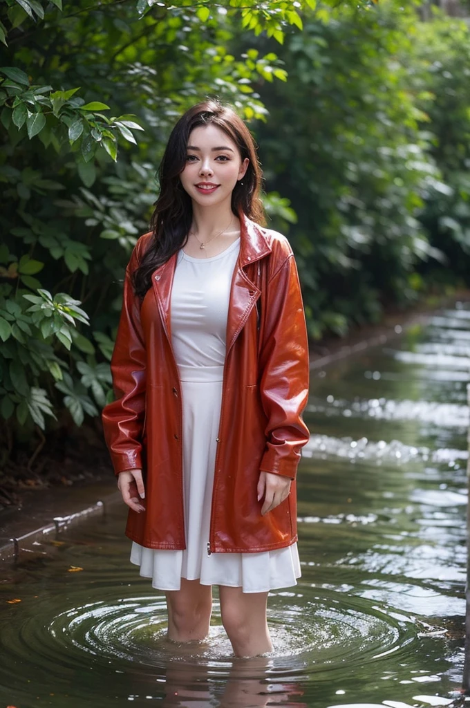 woman in a red leather jacket and skirt standing in the water, wet look, she is wearing a wet coat, on a wet green forest, pretty girl standing in the rain, dressed as , charli bowater, wearing jacket and skirt, wearing atsuko kudo latex outfit, soaked, charli xcx, wearing red jacket, grin, shirt and tie, soaked, drenched, wet clothes, dripping wet, dripping oil, wet hair