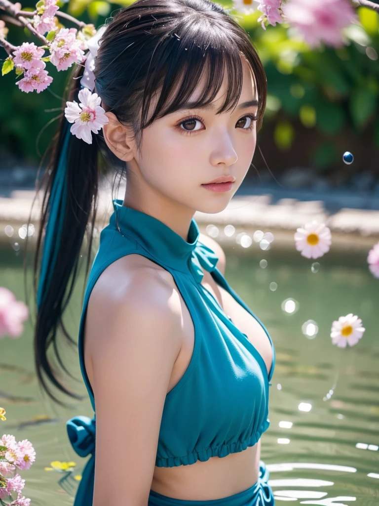 a beautiful detailed girl in a simple background, 1girl, standing, fashion model, looking at viewer, interview, detailed eyes, beautiful detailed face and features, floating, high saturation, colorful water splash, colorful bubbles, shiny, focused on face, ponytail, kamisato ayaka, light blue hair, bangs, hair ornaments, floating flowers, floating strands, shining, best lighting, best shadows, (best quality,4k,8k,highres,masterpiece:1.2),ultra-detailed,(realistic,photorealistic,photo-realistic:1.37)