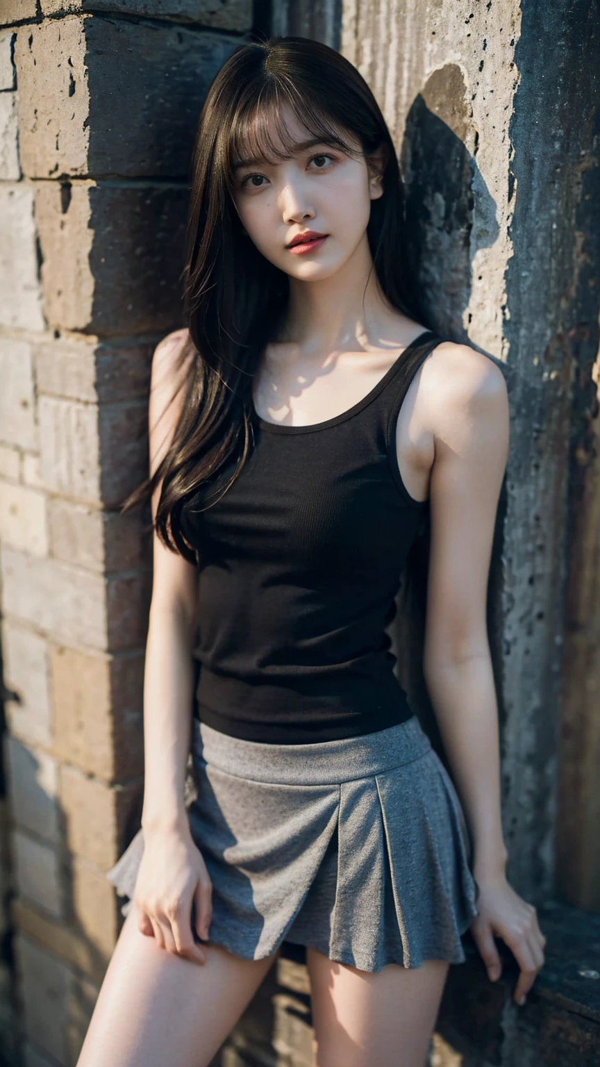 1girl, woman, masterpiece, best quality, highest quality, cinematic lighting, (volumetric lighting), extremely detailed CG unity 8k wallpaper, focused, 8k wallpaper, extremely detailed, ultra realistic, photorealistic, sharp focus, absurdres, (HDR:1.2), (high contrast), photograph, detailed and intricate, instagram, portrait, highly detailed, digital painting, artstation, concept art, smooth, sharp focus, illustration, cinematic lighting, (natural big breast), black short skirt, eyes looking at the viewer, ((medium shoulder)), (skinny legs), ((slender body)), (HQ skin:1.4, Realistic human Body), (wearing knit tank top, short skirt), ((long hair)), ((leaning on a wall)), (golden ratio of the breast)