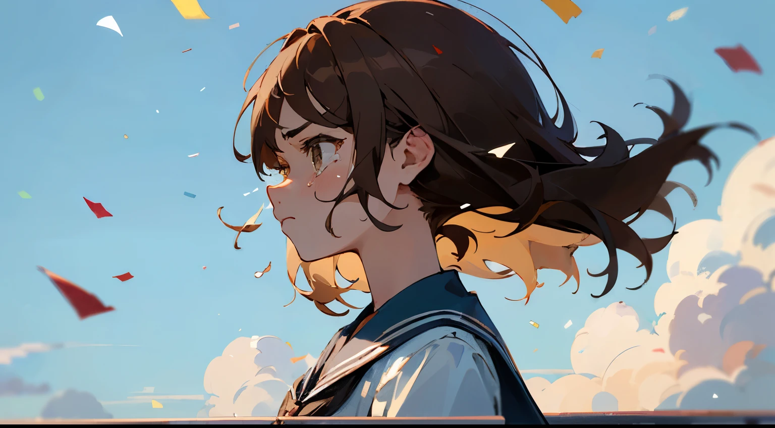 ((Highest quality)), ((masterpiece)), ((Very detailed)),Girl looking down,Angry expression，Confetti，Brown Hair,Blue sky and clouds,Tears on my cheeks,profile,student,School building