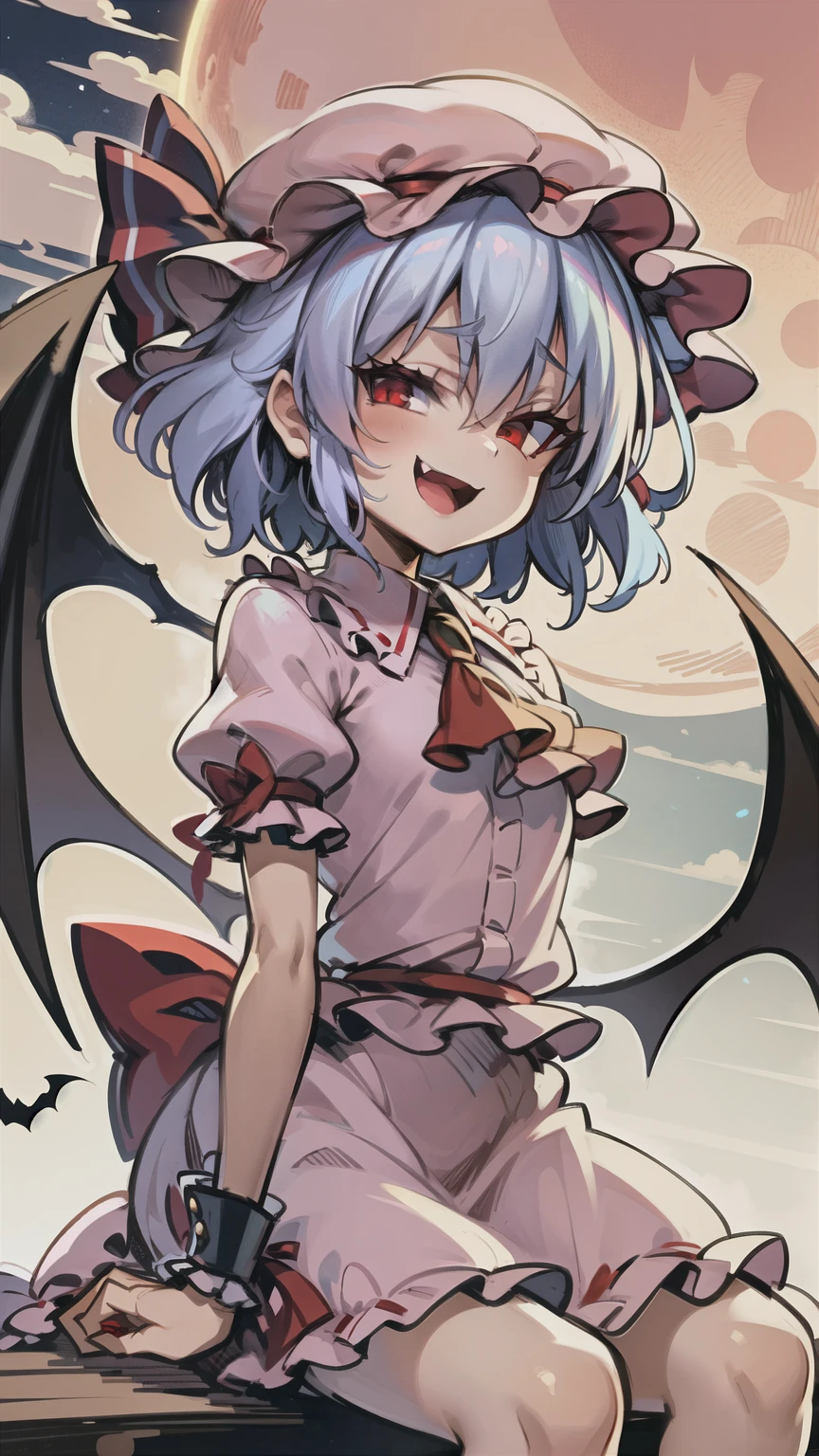 (masterpiece:1.2, highest quality), remilia_scarlet_touhou
sealing, sit astride, girl on top,
red_eyes, short_hair, bat_wings, wings, ribbon, hat, blue_hair, mob_cap, hair_between_eyes, hat_ribbon, bangs, smile, red_ribbon,
pink_headwear, puffy_short_sleeves, puffy_sleeves, red_moon, shirt, short_sleeves, sky, ascot, frilled_shirt_collar, frills, night_sky, open_mouth, pink_skirt, purple_hair, red_ascot, skirt, wrist_cuffs,