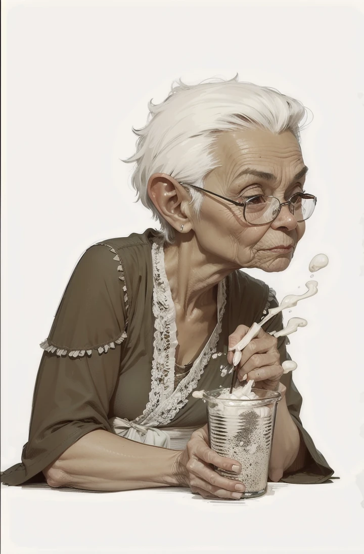 2.5D, Old woman, wrinkles, glasses, tavern dinner