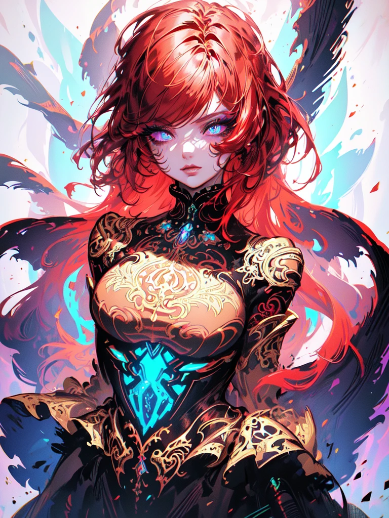 Red hair color,(masterpiece, best quality),(1 lady),(solo),(artstation),(dynamic),(charming),(magical),(unreal engine),(fantastically beautiful),(illustration),(dramatic lighting),(rave background),(neon glow),(maximalist),(extremely detailed eyes and face),(long eyelashes),(intricate details),(vibrant colors),(cinematic lighting),(fantasy portrait)