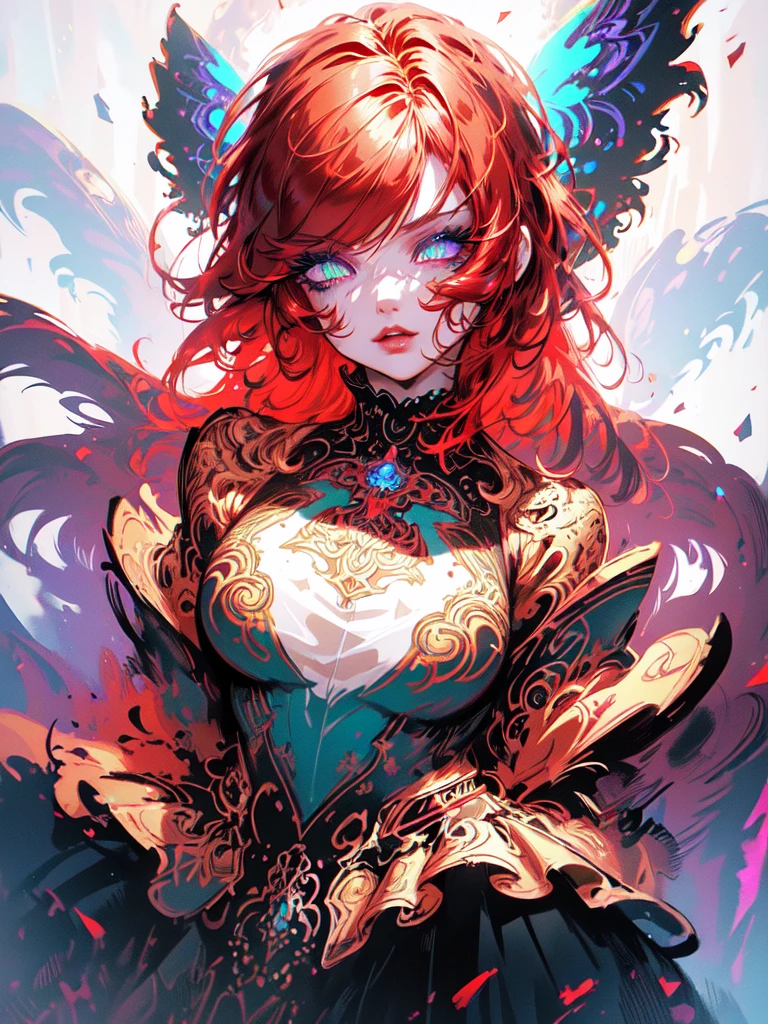 Red hair color,(masterpiece, best quality),(1 lady),(solo),(artstation),(dynamic),(charming),(magical),(unreal engine),(fantastically beautiful),(illustration),(dramatic lighting),(rave background),(neon glow),(maximalist),(extremely detailed eyes and face),(long eyelashes),(intricate details),(vibrant colors),(cinematic lighting),(fantasy portrait)