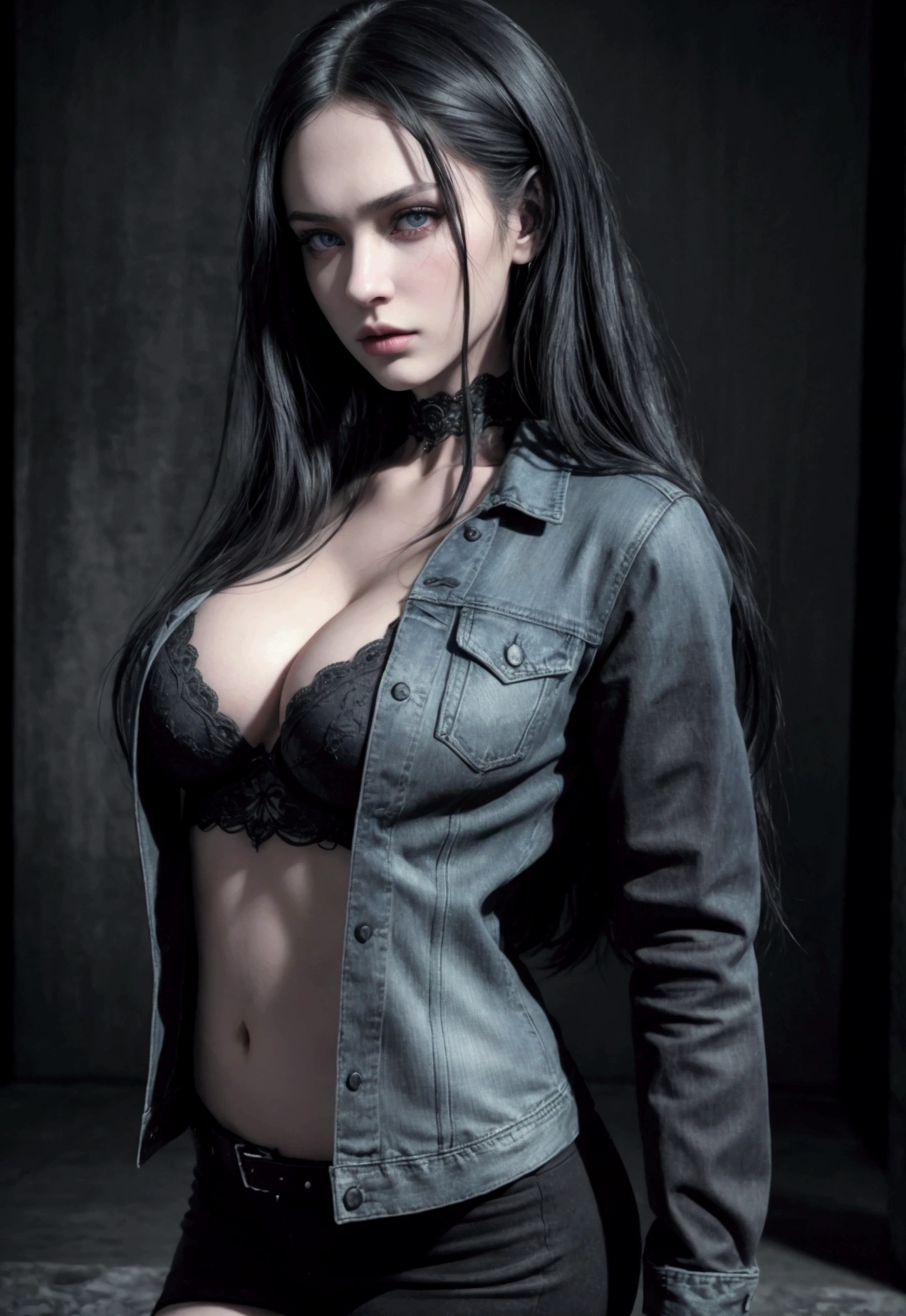 a sexy gothic russian girl, long black hair, slim body, small breasts, wearing a denim jacket, medium sized butt, (best quality,4k,8k,highres,masterpiece:1.2),ultra-detailed,(realistic,photorealistic,photo-realistic:1.37),extremely detailed eyes and face,longeyelashes,beautiful detailed eyes,beautiful detailed lips,dramatic lighting,dark moody colors,dark fantasy,gothic,cinematic,dramatic atmosphere