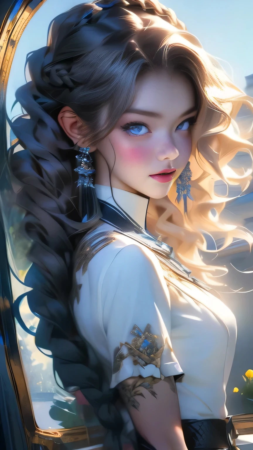 (Surreal), (picture), (High resolution), (In 8K), (Very detailed), (Best Illustration Photos), (Beautiful and fine details), (Highest quality), (Ultra-detailed), (masterpiece), (wallpaper), (Detailed face), solo, One Girl, White Wavy Hair, Korean Beauty, iridescent heterochromatic eyes, (A loose-fitting blue and yellow checked maid outfit), Long legs, Toned Abs, stockings、((Curly hair in braids、good１))、