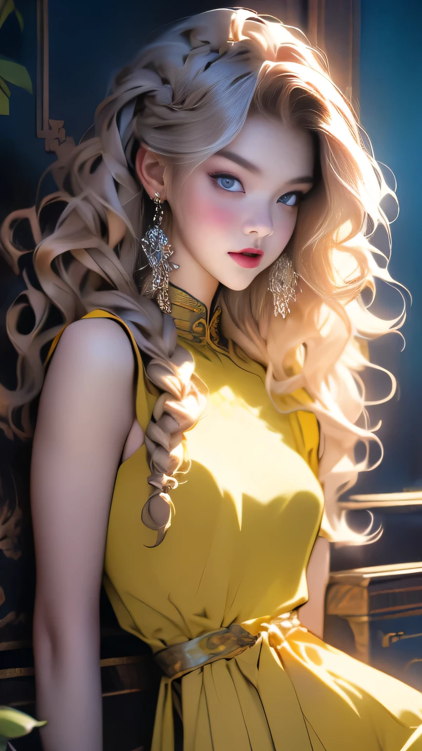 (Surreal), (picture), (High resolution), (In 8K), (Very detailed), (Best Illustration Photos), (Beautiful and fine details), (Highest quality), (Ultra-detailed), (masterpiece), (wallpaper), (Detailed face), solo, One Girl, White Wavy Hair, Korean Beauty, iridescent heterochromatic eyes, (A loose-fitting blue and yellow checked maid outfit), Long legs, Toned Abs, stockings、((Curly hair in braids、good1))、