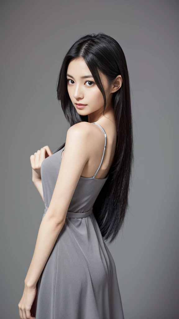 Japanese lady, skinny shape, , slender waist, beautiful face, bright eyes, black long hair, wearing a grey dress, looking back for a viewer in a photo studio, 1girl in, solo, detailed face and eyes, detailed fingers and arms.