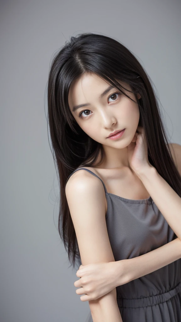 Japanese lady, skinny shape, , slender waist, beautiful face, bright eyes, black long hair, wearing a grey dress, looking back for a viewer in a photo studio, 1girl in, solo, detailed face and eyes, detailed fingers and arms.