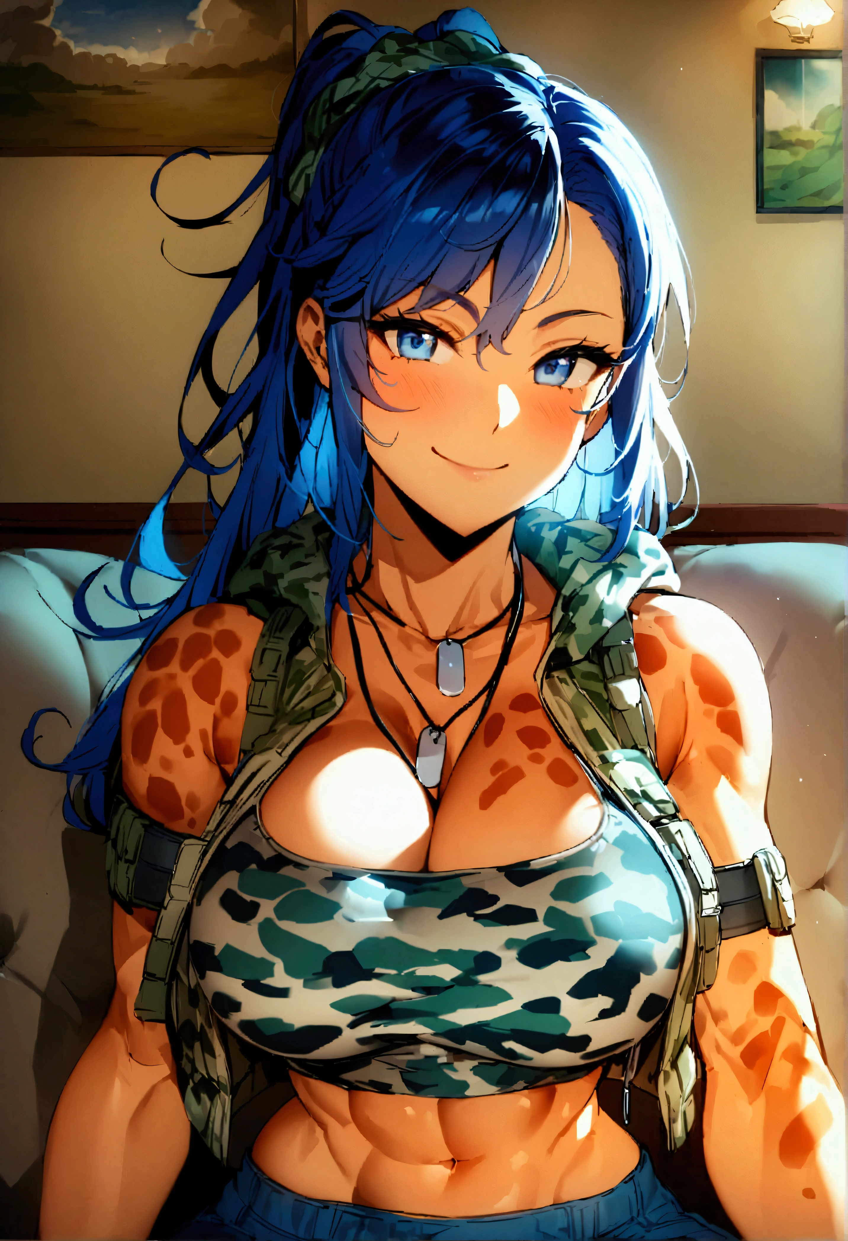 Score_9、score_8_up、score_7_up、score_6_up、score_5_up、score_4_up、Human female、One Girl、Sunburned skin、Brazilian Women、Muscular woman、Big Breasts、Curvy waist、Wide Hips、Thick thighs、Camouflage pattern tube top、Tight blue shorts、Black Hair、Fairy-like hair、blue eyes、Perfect Ass、Tactical Watch、living room、Happy smile、Sunburn mark、Wink、Dog Tags、Sitting、sofa