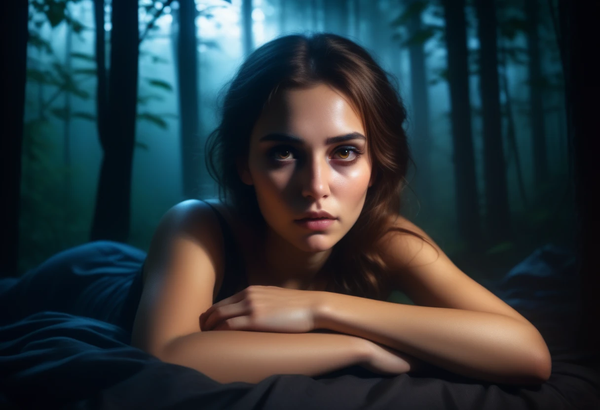 Beautiful young woman with sleepy smoky eyes ,  
comfortable, Lying in a room with a dark art view of the forest , Dim Light, Rim Light, Dark Shadows, Dramatic lighting,