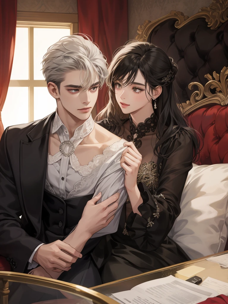 couple, 1 Girl 1 Boy, different hair color, Long black hair and purple eyes, Short blonde hair and green eyes, Romance, Illuminated suites, black color dress, Europeans, Luxury room background, Handsome face, Romantic, Have sex。Extreme detail, Digital art, 8K, Ultra HD,