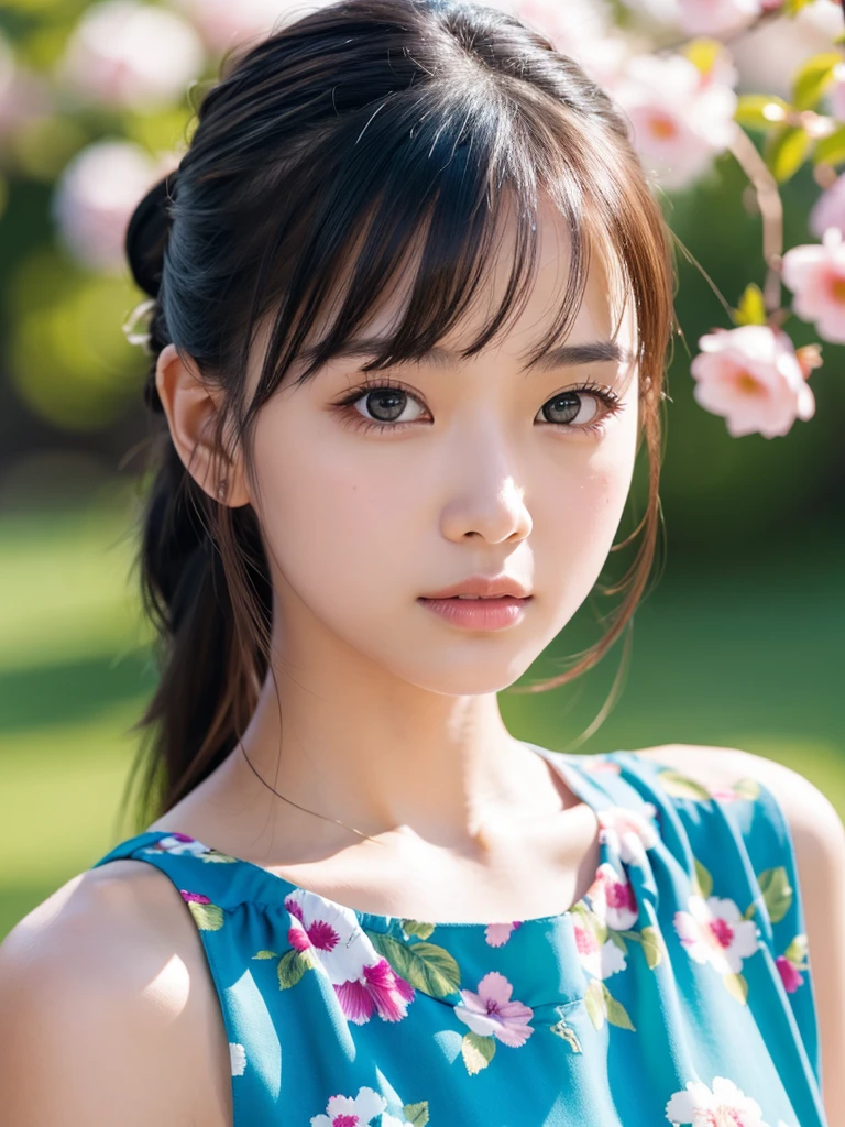 a beautiful detailed girl in a simple background, 1girl, standing, fashion model, looking at viewer, interview, detailed eyes, beautiful detailed face and features, floating, high saturation, colorful water splash, colorful bubbles, shiny, focused on face, ponytail, kamisato ayaka, light blue hair, bangs, hair ornaments, floating flowers, floating strands, shining, best lighting, best shadows, (best quality,4k,8k,highres,masterpiece:1.2),ultra-detailed,(realistic,photorealistic,photo-realistic:1.37)