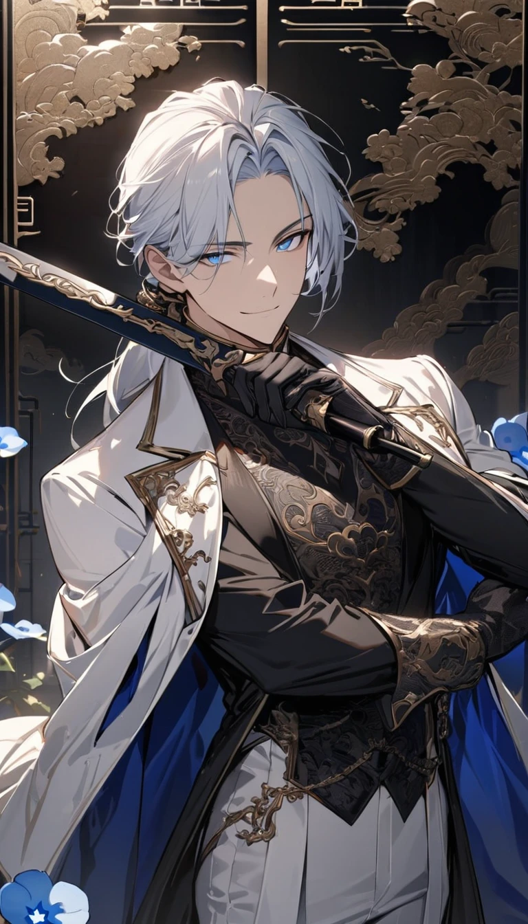 (masterpiece:1.5),Highest quality,(1 handsome man),alone,White medium length hair,Low Ponytail,(blue eyes), (A kind smile),elegant,Perfect Face,fantasy chinese style,Long black trench coat,white and blue cloth,Intricate clothing designs incorporating Chinese elements,Black Leather Gloves,White lining,White suit pants,Slightly muscular body,expensive,8K,Beautiful contrast of light and shadow,Dark luxury background,(Upper body),Positive face,((Nemophila)),Luxury Screen,He is holding the sheath of his sword in one hand.,noble