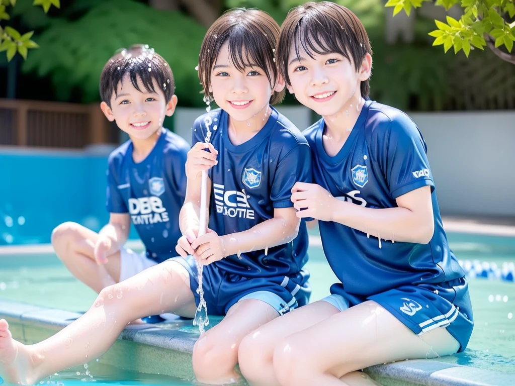 hot summer、primary school、Summer swimming pool、Have fun、Get wet all over、Japan Boy、Glowing water splashes、Pool lessons、Boy playing in water、The happy boys、Strong sunlight、Short sleeve gym uniform、Blue shorts、barefoot，Boys only 、１０age、high resolution、masterpiece