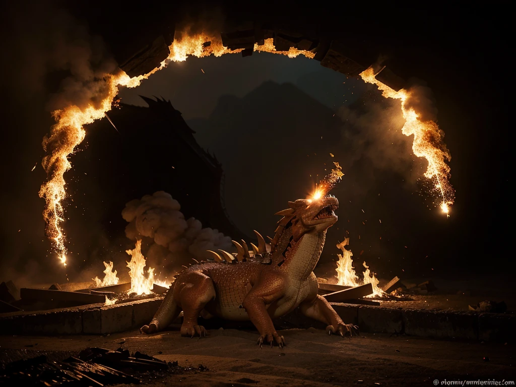 Il fait jour et le doleil brimle
Un dragon crache du feu sur la foule. Réactions de panique