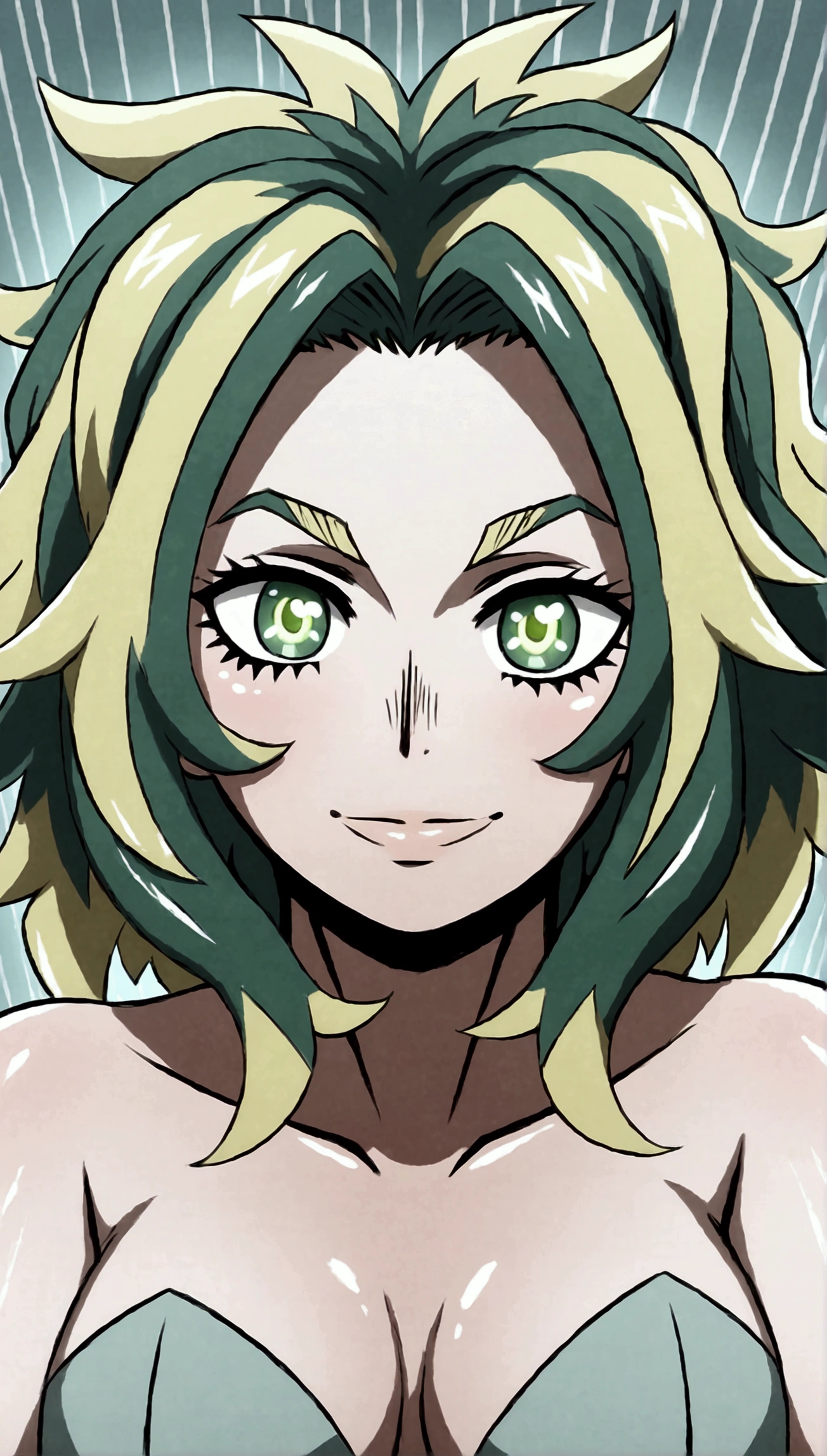 lady nagabt of mha, MHA anime style, strong green haired woman, green hair with lime green parts, messy and unusual hair, short eyebrow, green neon suit hero, cabelo com dark and light strands, dark and light strands, olhar fofo,  soft lips, ssmile, dark and light strands, beautiful lighting. Lime eye, cute Smile , big hair