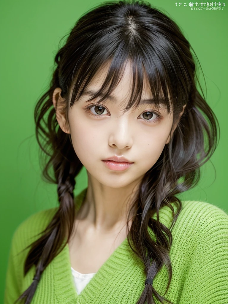 masterpiece), (highest quality), (Super detailed), (messy hair), (shape), (one japanese girl), (fashionable clothes), Are standing, Fashion Model, (interview), (simple light green background), fine and beautiful eyes, delicate beautiful face, floating, (high color saturation), focus on face, ponytail, black hair, bangs,floating Hairs, (shining), best writing, best shadow,stylish living room