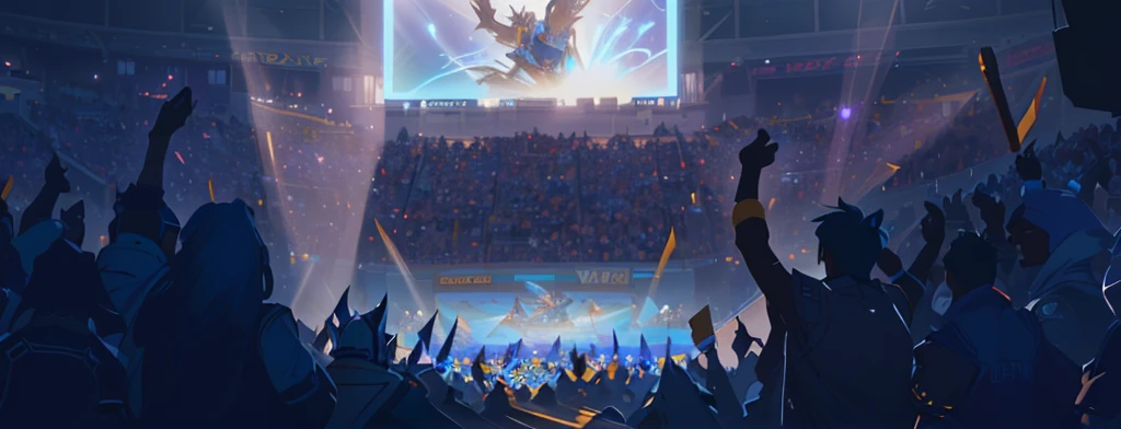 there is a large crowd of people watching a show on a big screen, arena background, the crowd is cheering, hockey arena game illustration, cheering crowd, cheering crowds, warriors fan art, crowd cheering, riot games concept art, concept art magical highlight, award-winning concept art, league of legend illustration, concept illustartion, very epic atmosphere