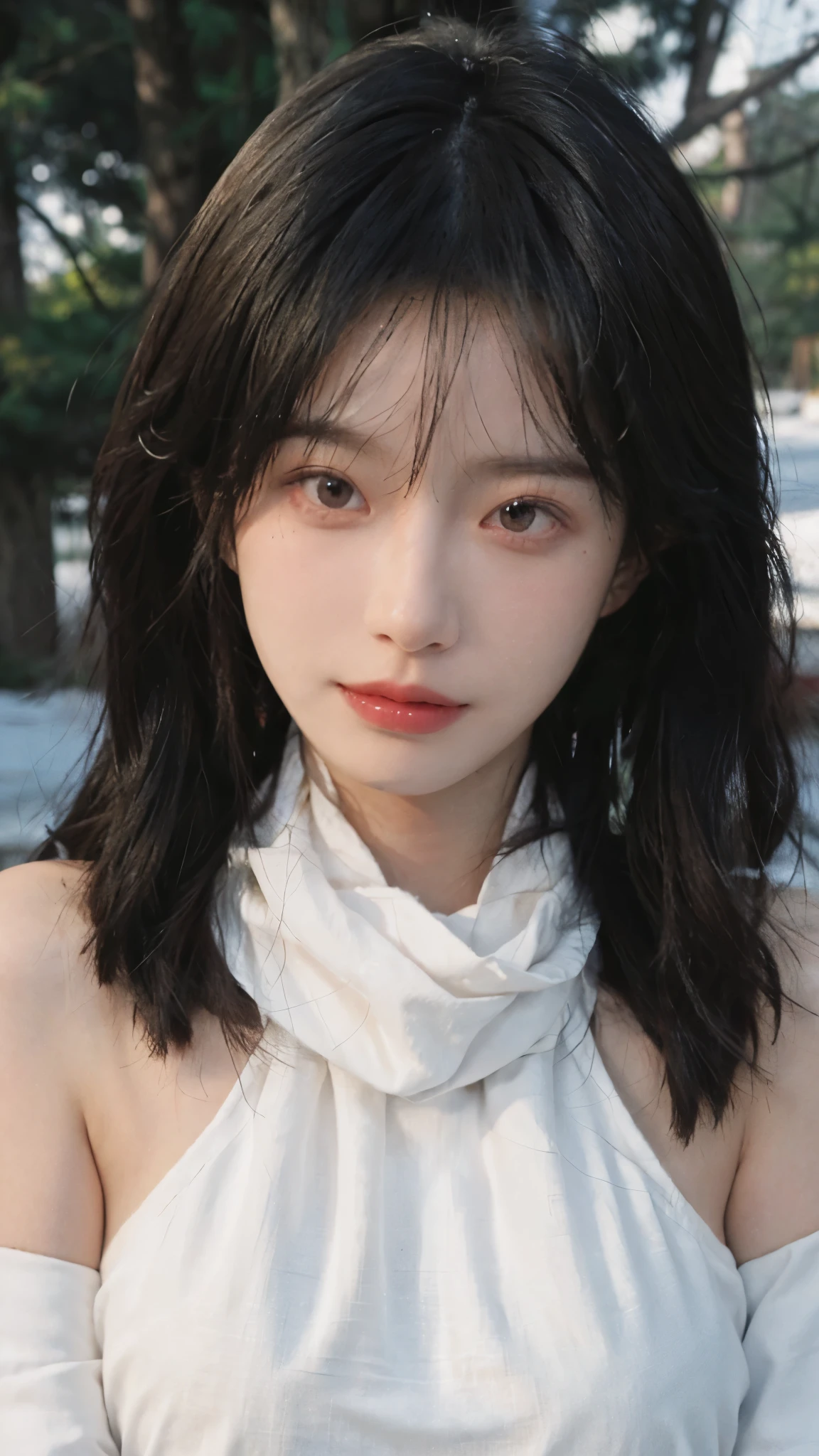 Portrait photography,1 girl,snow,Snow Scene,Heavy makeup,Bare shoulders,Lipstick,(Big breasts:1.4),Shoulder-Length Wavy Hair,Wear a necklace,scarf,Earring short sleeves,serene,calm,(Realistic and detailed eyes,Natural skin texture,Realistic facial details),whole body:1.4,