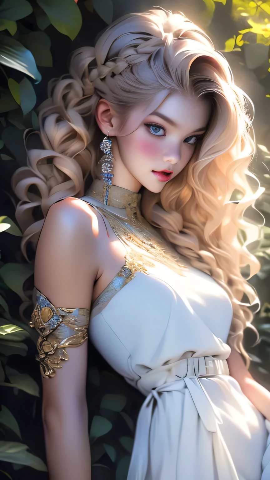 (Surreal), (picture), (High resolution), (In 8K), (Very detailed), (Best Illustration Photos), (Beautiful and fine details), (Highest quality), (Ultra-detailed), (masterpiece), (wallpaper), (Detailed face), solo, One Girl, White Wavy Hair, Korean Beauty, iridescent heterochromatic eyes, (A loose-fitting blue and yellow checked maid outfit), Long legs, Toned Abs, stockings、((Curly hair in braids、good1))、