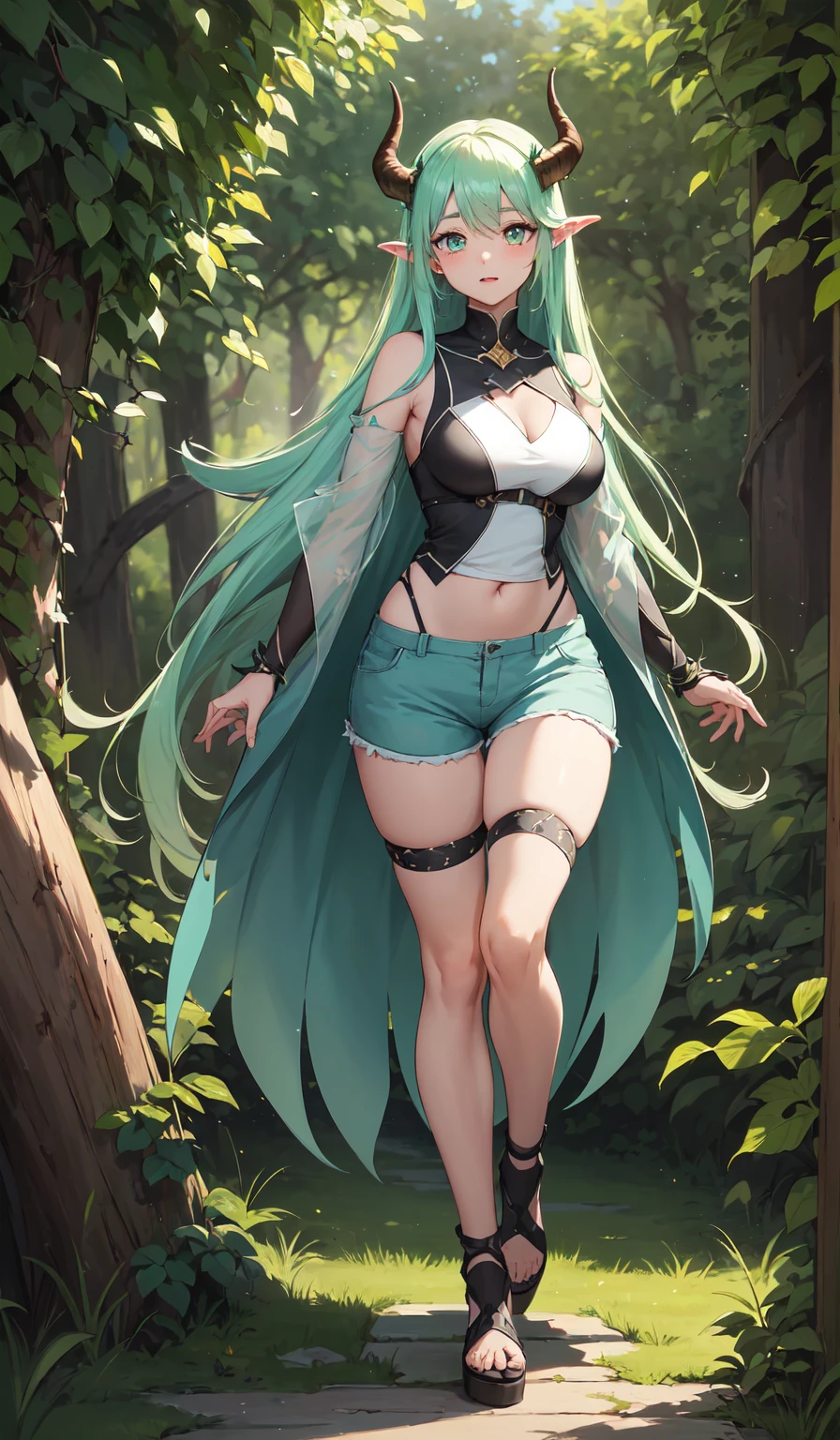 (Best Quality,Unparalleled Masterpiece:1.4),Ultra-Detailed CG 4K,(Ultra-Detailed Clear Absurdly-Vivid Mint Big Eyes:1.2), yellow fantasy girl, concept, fantasy vines on the hand and horns from vines, full length, full body, magic hunter, shorts white, sfw