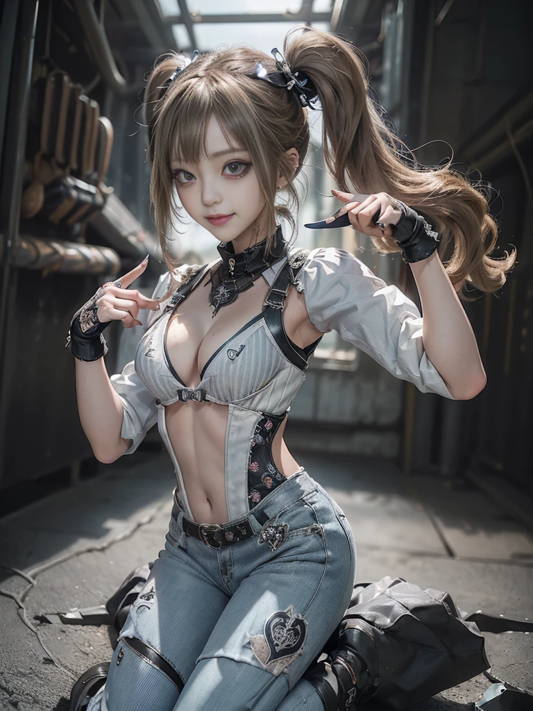 (Full Body View:1.3)、(Side view:1.2)、(Smiling with teeth showing:1.3),(Shibuya Gal:1.5)、(Gothic ta style fashion:1.5)、(Punk RockVisual Kei:1.5)、(Wearing a rhythmic gymnastics bodysuit with intricate details:1.4)、(Racing suit and pants with intricate decorations in white, denim and charcoal:1.5)、(Denim and light blue and white boots:1.3)、((belt))、(Numerous delicate logo marks all over the costume:1.4)、(collar:1.3)、(Striped underwear:1.5)、20-year-old、NSFW、((Highest quality、In 8K、masterpiece:1.3))、Sharp focus:1.2、(Layered Cut、Huge boobs:1.1),Beautiful woman with perfect figure:1.4、(Doing an aerobics pose:1.3)、Slender Abs:1.2、Highly detailed face and skin texture、Detailed eyes、double eyelid,(Twin tails:1.3)、(Brown-golden hair:1.3)、Gravure idol、(The background is a beautiful crystal underground palace:1.3)、(Slim body:1.3),(Make your legs thinner:1.4),(Thin thighs:1.1)、（clavicle:1.1）