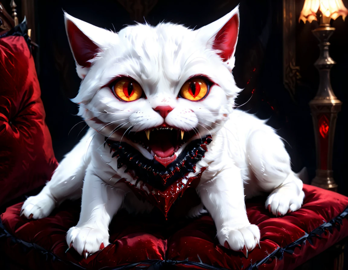 a portrait of vampiric cat, close up portrait of white cat with white fur, shiny fur, red glowing eyes, vampiric feline fangs, blood dripping from fangs, he has a red diamond collar, he sits on  a black velvet pillow, intricate detailed pillow, (full body shot: 1.3), dark fantasy library in the background, Ultra-high resolution, High Contrast, (masterpiece:1.5), (anatomically correct: 1.4), highest quality, Best aesthetics), best details, best quality, highres, ultra wide angle, 16k, [ultra detailed], masterpiece, best quality, (extremely detailed), Amber cat eyes, vampire teeth, 