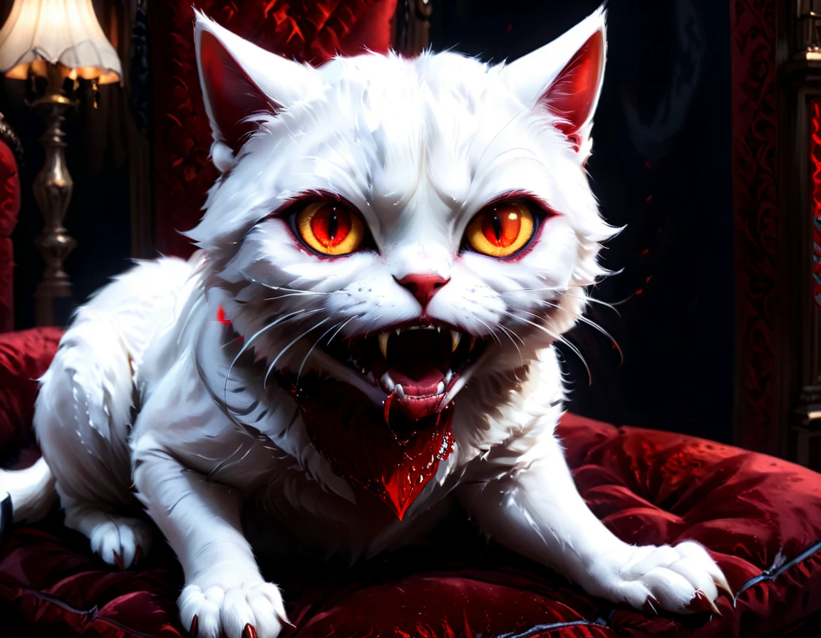 a portrait of vampiric cat, close up portrait of white cat with white fur, shiny fur, red glowing eyes, vampiric feline fangs, blood dripping from fangs, he has a red diamond collar, he sits on  a black velvet pillow, intricate detailed pillow, (full body shot: 1.3), dark fantasy library in the background, Ultra-high resolution, High Contrast, (masterpiece:1.5), (anatomically correct: 1.4), highest quality, Best aesthetics), best details, best quality, highres, ultra wide angle, 16k, [ultra detailed], masterpiece, best quality, (extremely detailed), Amber cat eyes, vampire teeth, 