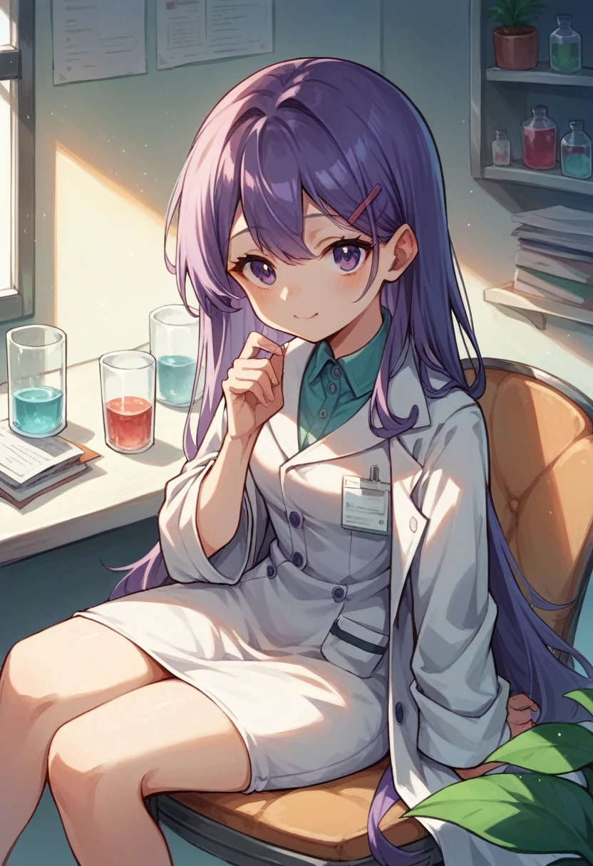 A beautiful girl with cute purple long hair wearing a lab coat and  is sitting on a chair (background lab) kaliteli resim